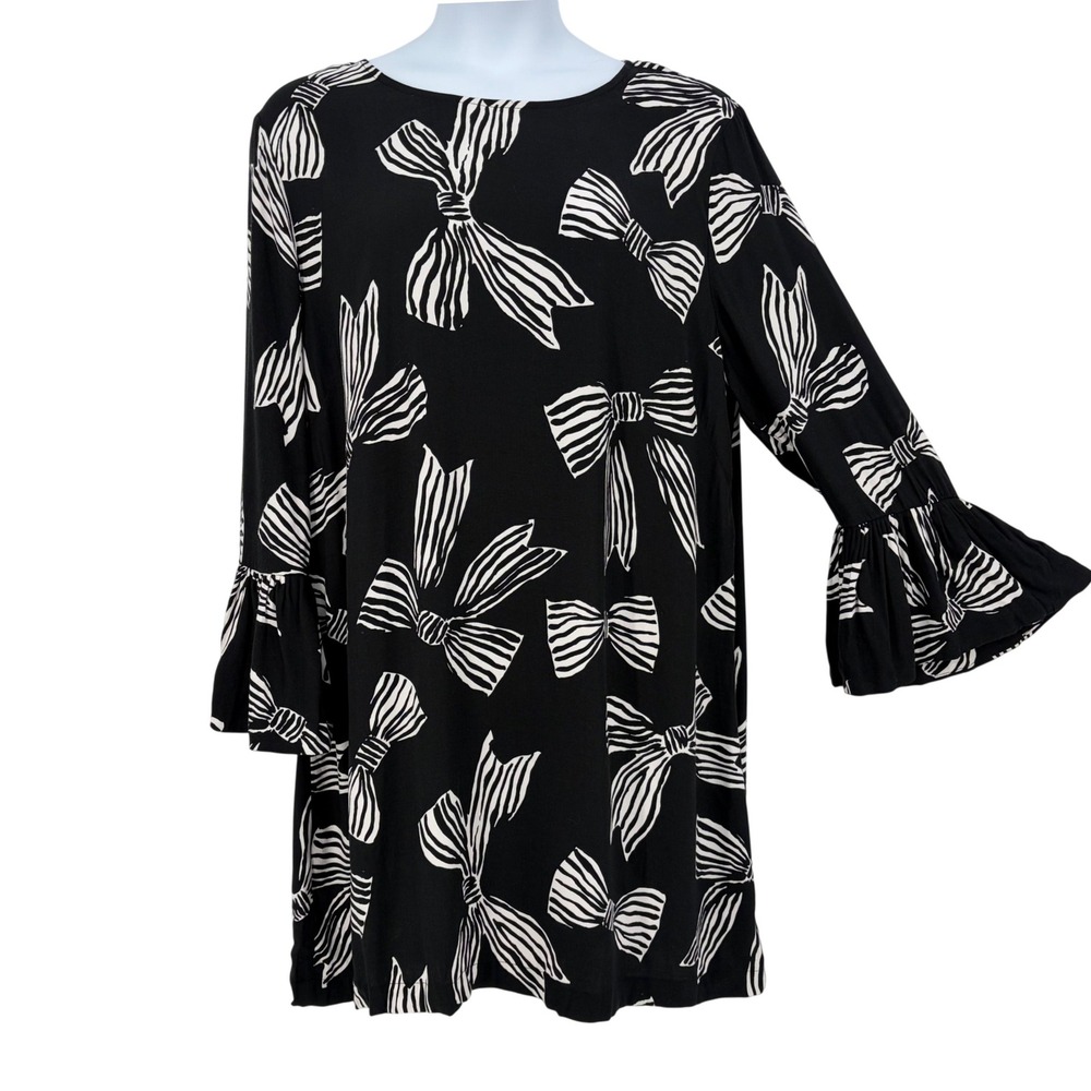 LOFT Shift Dress Black White Bow Print Ruffle Cuff Coquette XXL Soft Viscose
